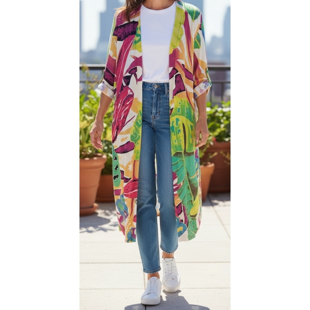 Chico’s Size 1 Medium Multicolor Tropical Open Cardigan Duster